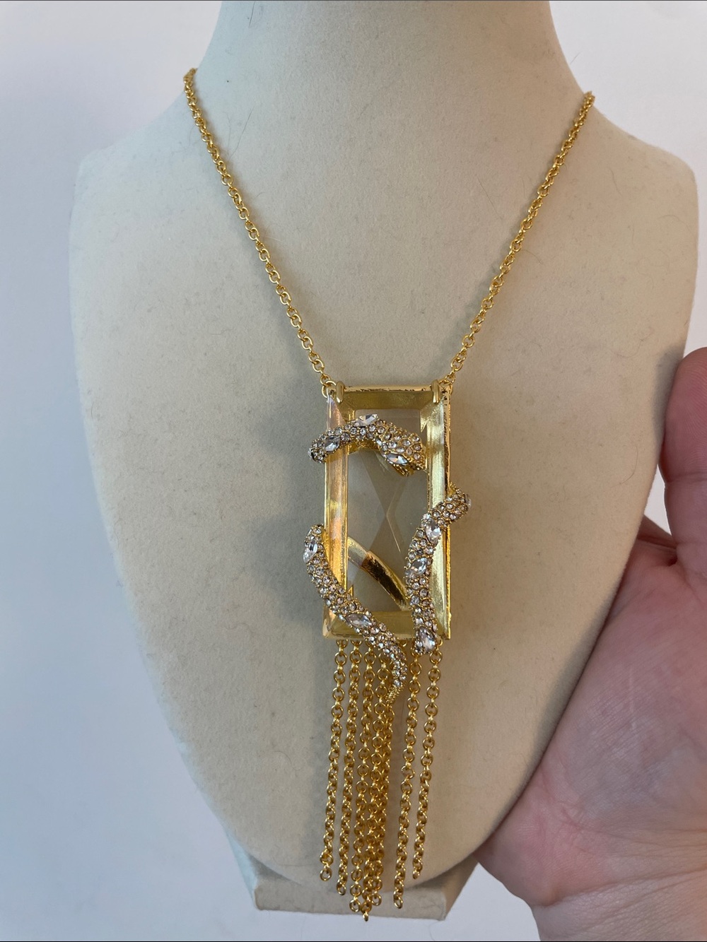 Gold Crystal Rectangle Pendant Necklace with Tassel
